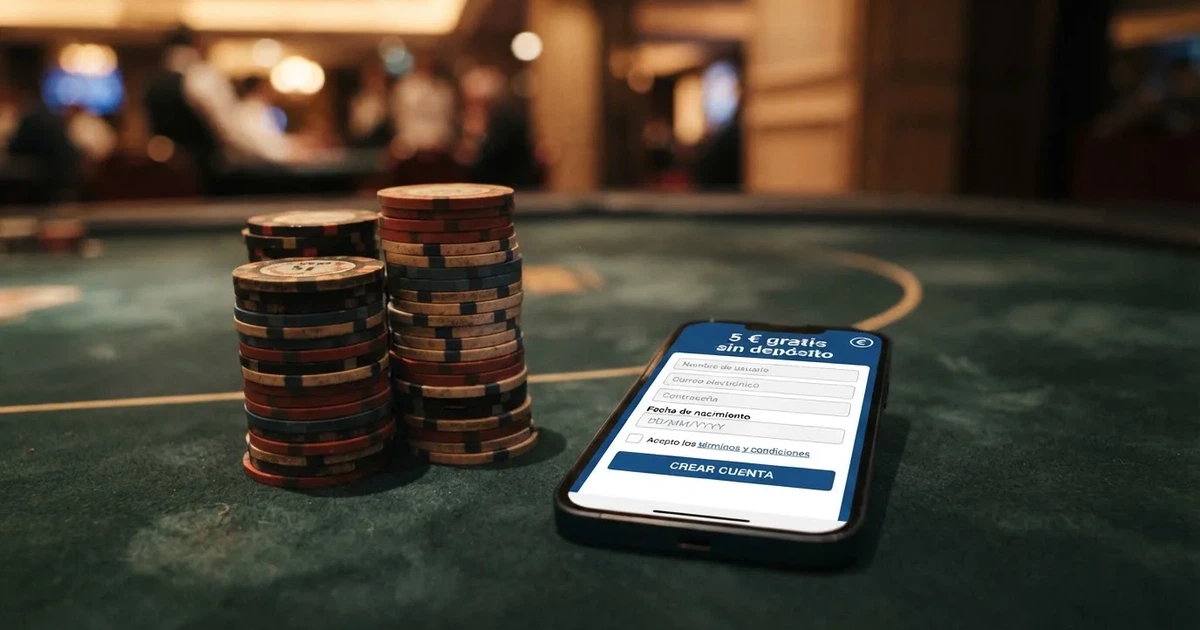 Chips de casino y un móvil mostrando la pantalla de registro de un casino online español con el texto «5 € gratis sin depósito»