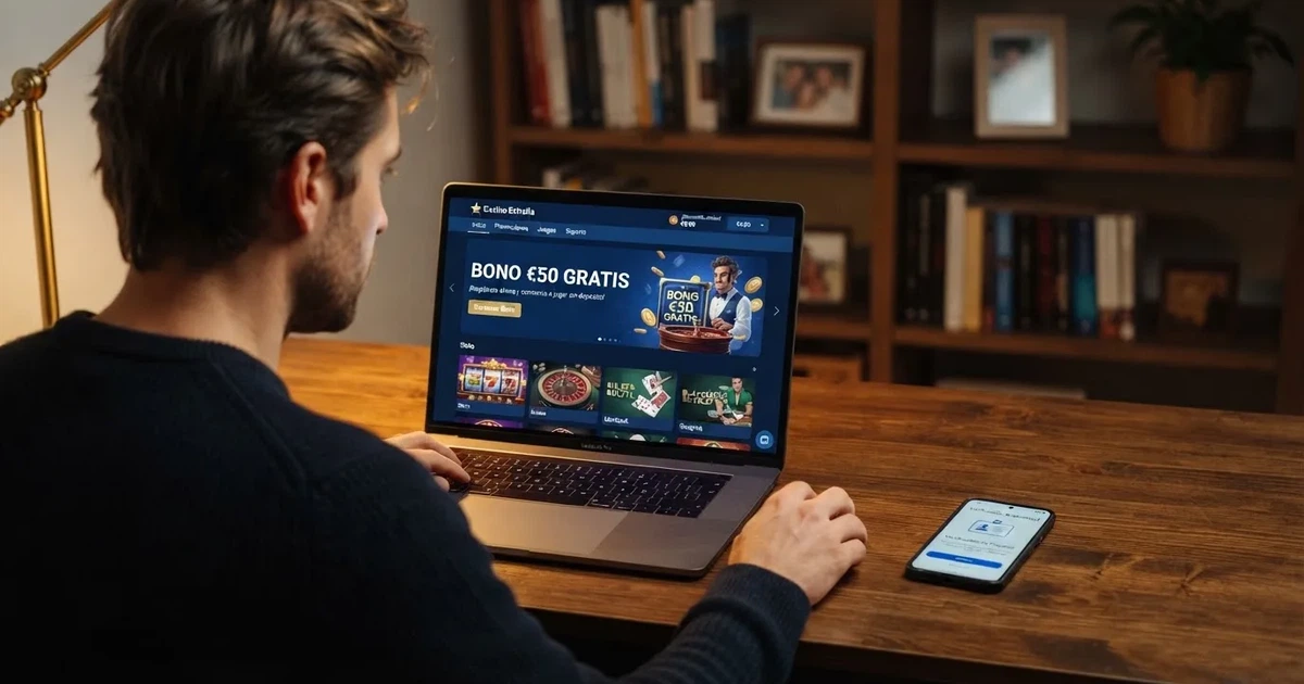 Un jugador consulta la pantalla de un casino online español en su portátil, con un banner de bono de bienvenida visible en la interfaz y un móvil con la verificación de identidad al lado.