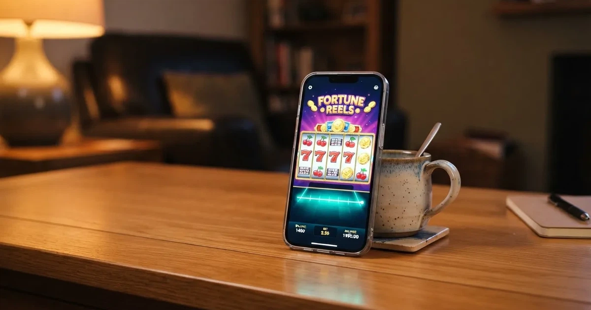 Un teléfono móvil en posición vertical mostrando la pantalla de una tragaperras de casino con los rodillos girando y la interfaz táctil visible