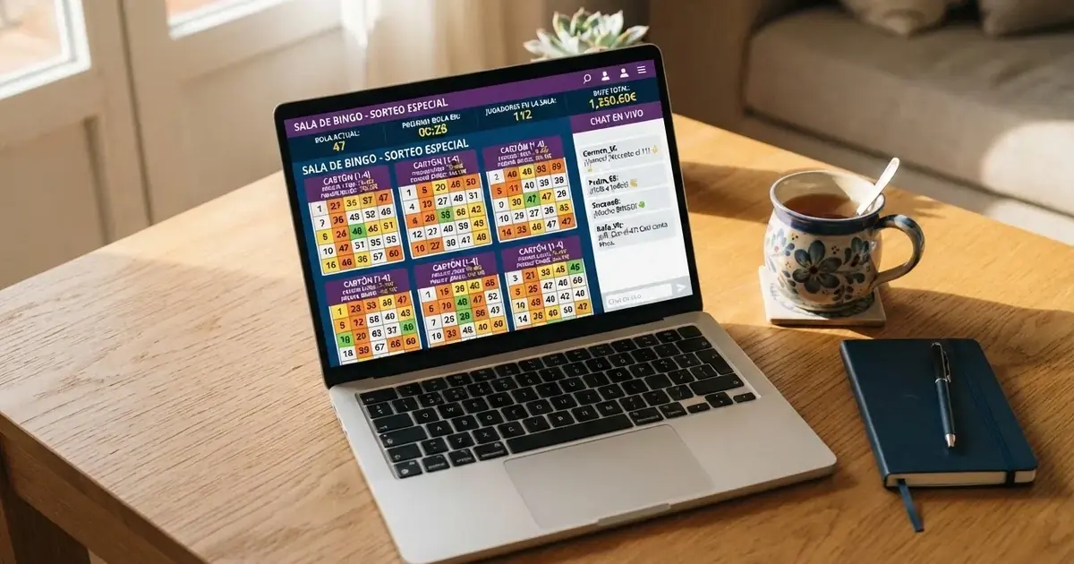 Sala de bingo online española con cartones virtuales en pantalla, números marcados y chat moderado activo con mensajes de jugadores