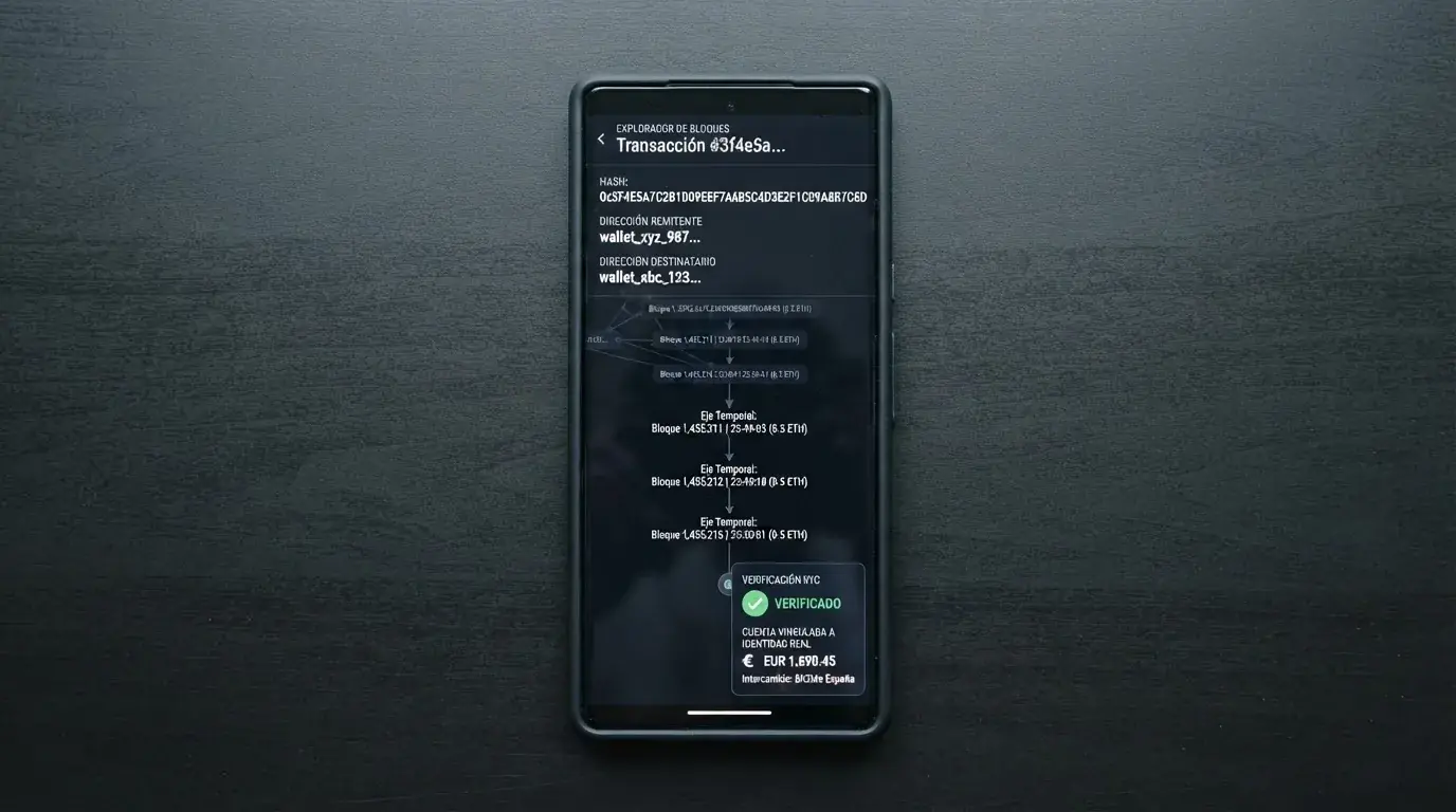 Una dirección de wallet en la pantalla y un rastro de transacciones en un explorador de blockchain que conecta con el logotipo de un exchange con KYC