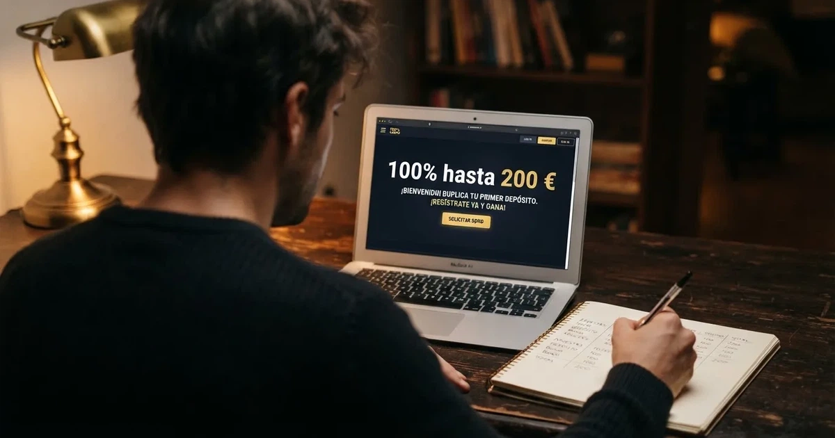 Un ordenador portátil mostrando la página de promociones de un casino online español con el texto «100% hasta 200 €» destacado en pantalla, junto a una calculadora y un bloc de notas con cifras