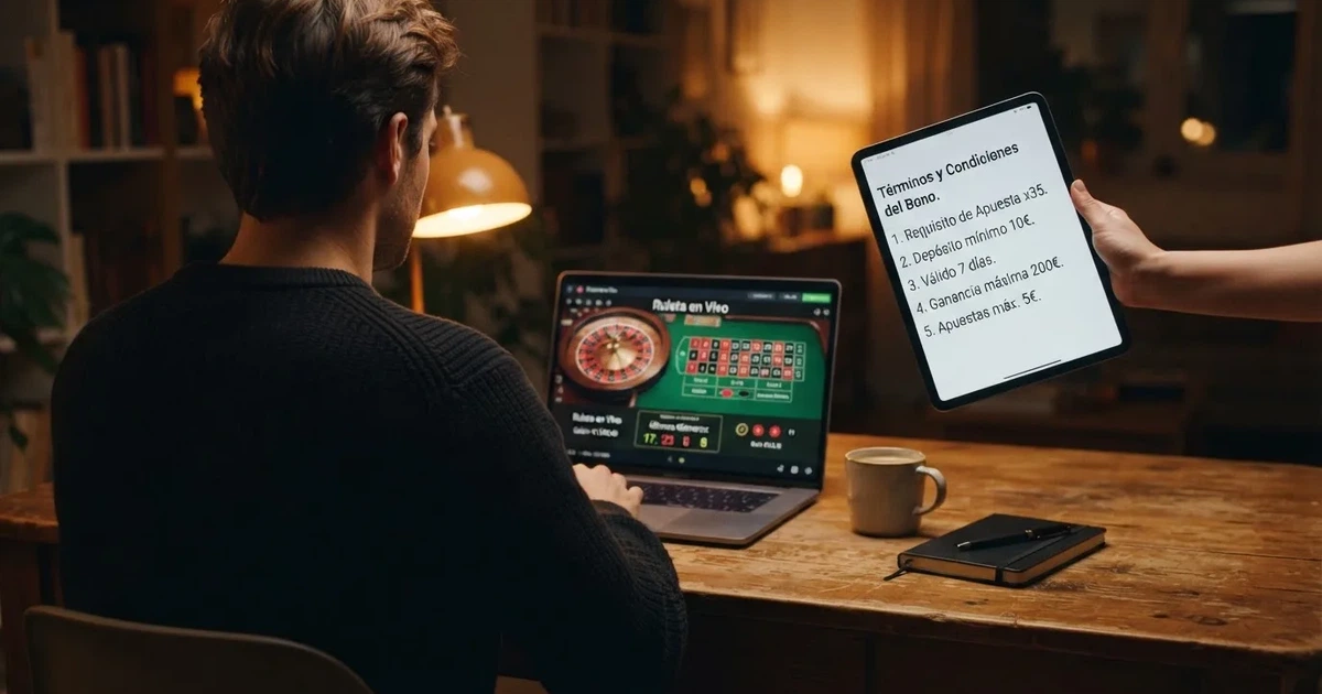 Un jugador consulta en una tableta las condiciones de un bono de casino mientras una pantalla de ordenador muestra una ruleta en vivo con la interfaz en español