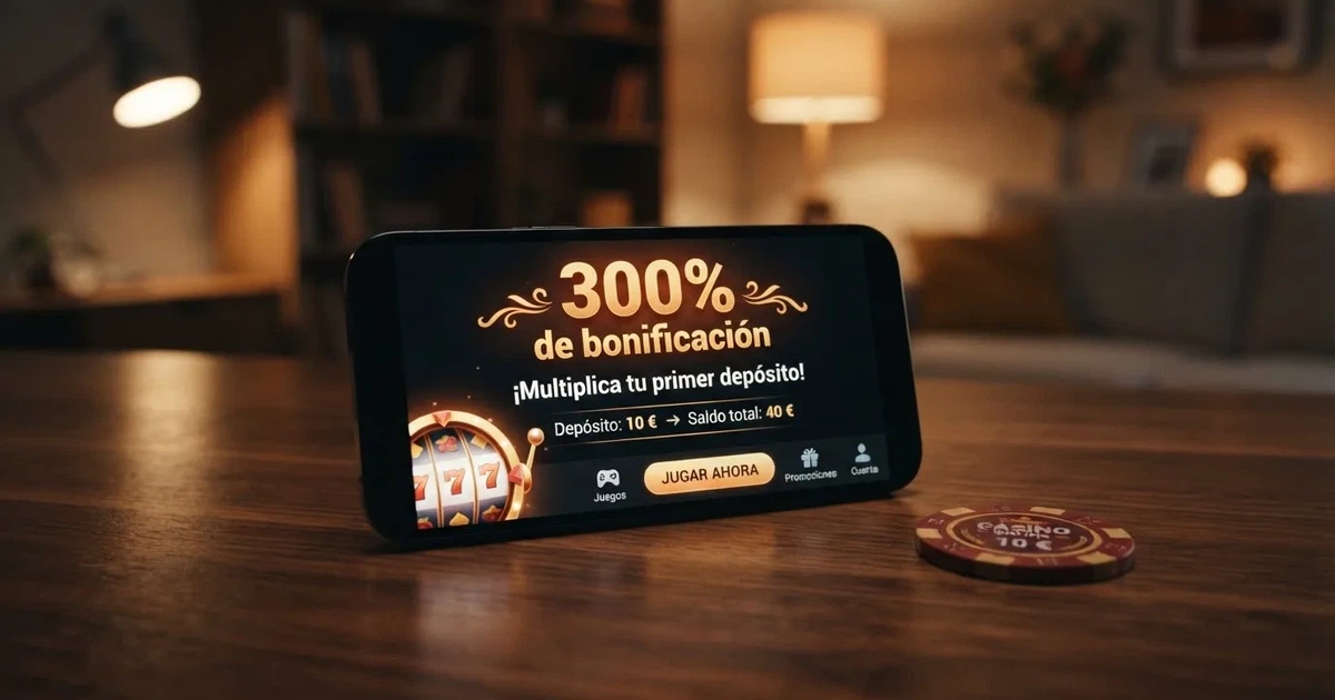 Pantalla de un casino online mostrando una oferta de bono de bienvenida con el texto «300% de bonificación» sobre el importe de un primer depósito