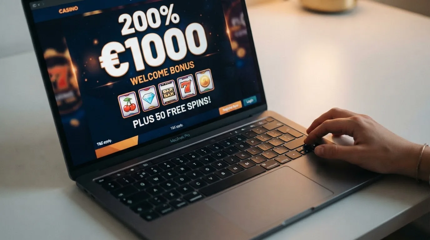 Primer plano de una pantalla con la sección de promociones de Casino Barcelona, destacando las cifras del bono de bienvenida y las tiradas gratis
