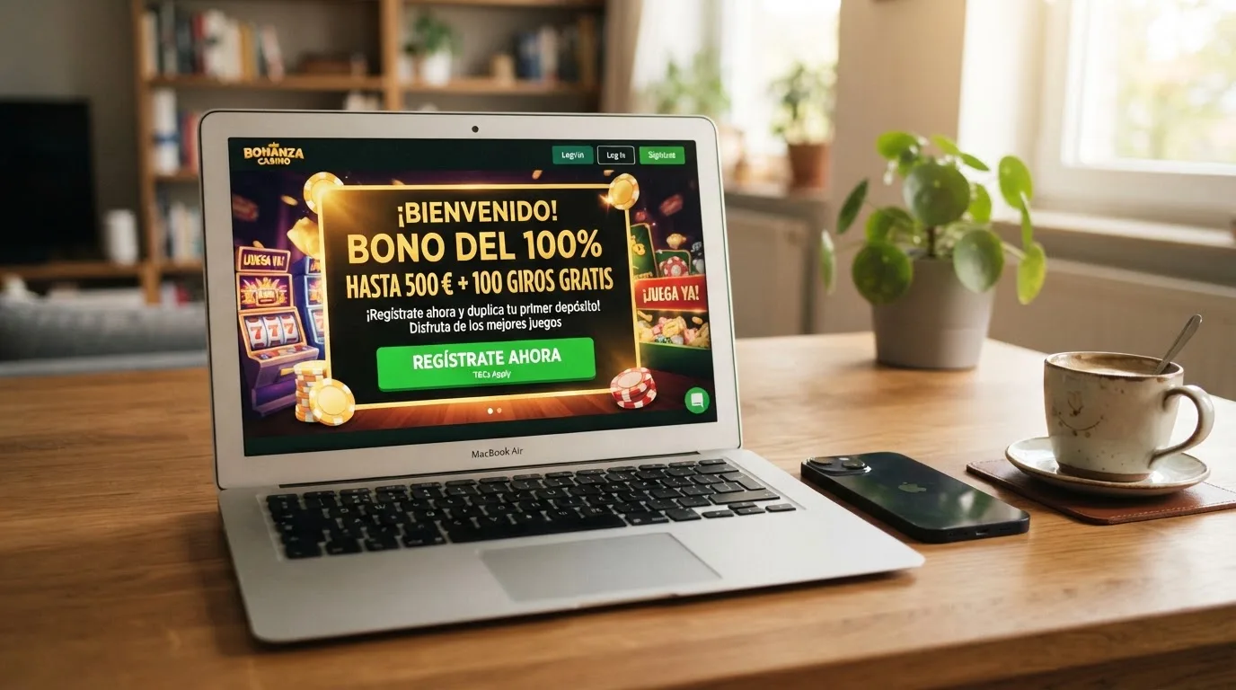 Pantalla de bienvenida de un casino online español mostrando una oferta de bono de primer depósito con el porcentaje y el importe máximo visibles