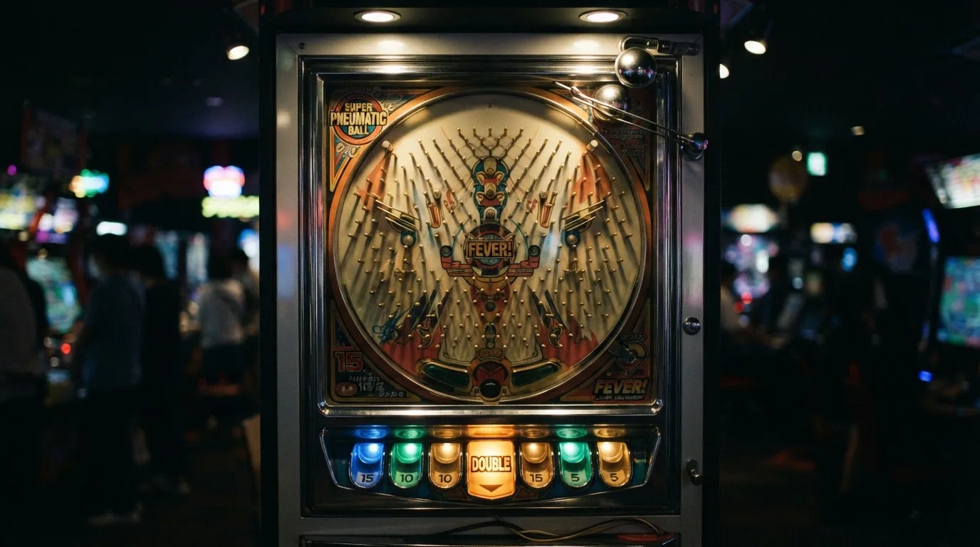 Tablero vertical de Pachinko con el disco a punto de soltarse sobre las casillas de multiplicadores y una casilla Double activa