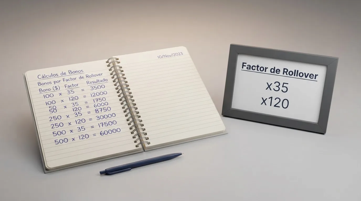 Calculadora junto a una tabla que muestra distintos multiplicadores de rollover aplicados a un bono de 20 €