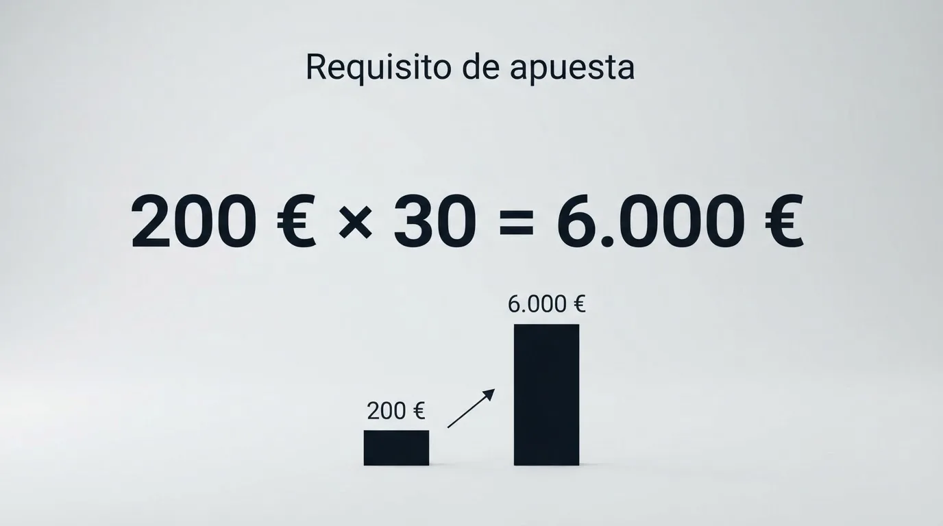 Infografía con la fórmula del requisito de apuesta: importe del bono multiplicado por el rollover igual al total a apostar