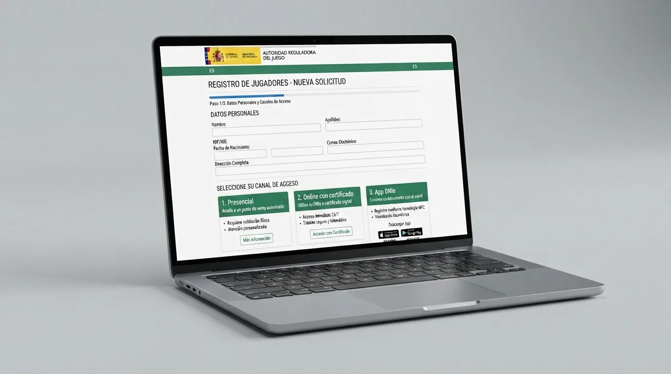 Pantalla de la sede electrónica de la DGOJ con el formulario de solicitud del RGIAJ y los tres canales de inscripción disponibles