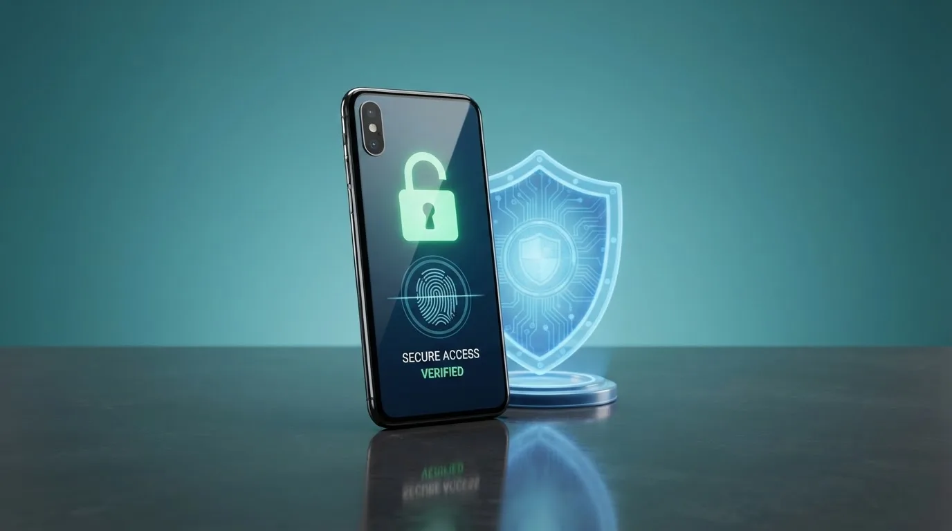 Primer plano de un candado digital sobre la pantalla de un móvil donde se ve la interfaz de autenticación biométrica de CaixaBankNow, con el escudo de la DGOJ visible en segundo plano