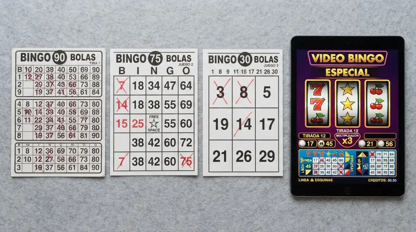 Cuatro cartones de bingo de distintas variantes alineados: 90 bolas con tres filas y nueve columnas, 75 bolas con cuadrícula 5×5 y casilla central libre, 30 bolas con cuadrícula 3×3, y pantalla de videobingo con multiplicadores