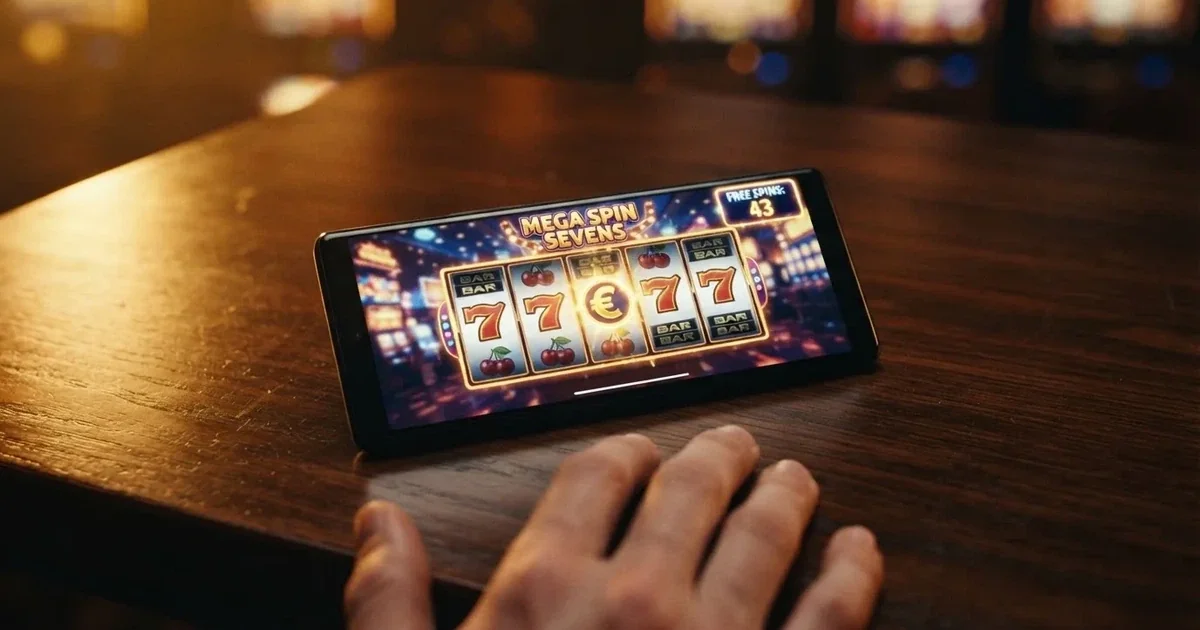 Primer plano de una ruleta de tragaperras digital con símbolos alineados y un contador de tiradas gratis visibles en pantalla