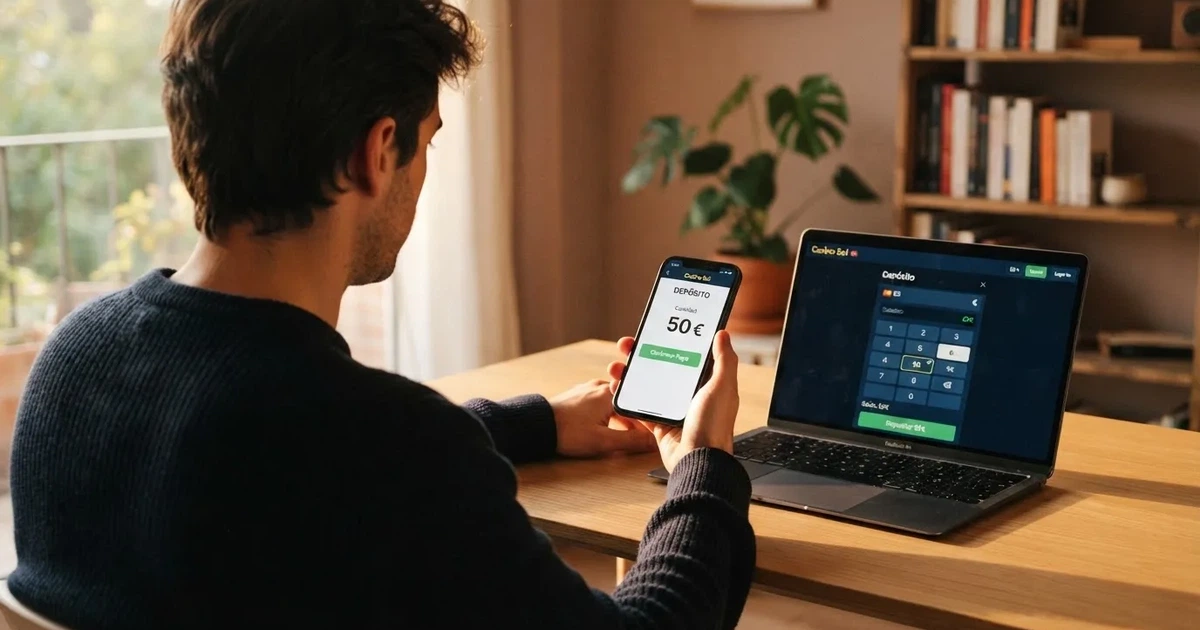 Jugador consultando el móvil junto a un ordenador con la pantalla de depósito de un casino online, en un entorno doméstico