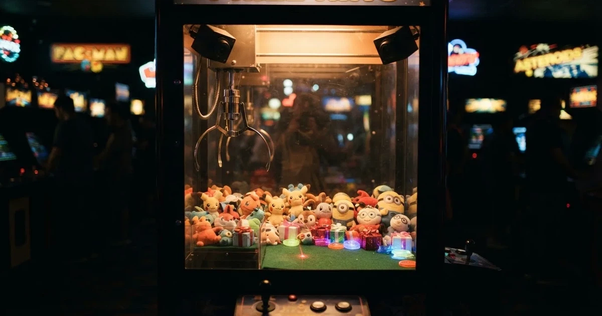 Interfaz de una máquina de garra virtual Bonus Crab con premios flotando bajo dos ángulos de cámara