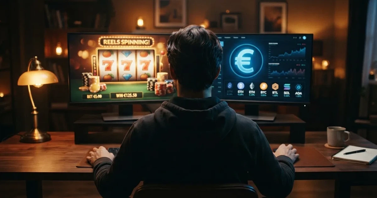 Una pantalla dividida: a la izquierda, la fachada de un casino físico con el sello de la DGOJ; a la derecha, una interfaz digital con símbolos de criptomonedas y sin logotipos institucionales
