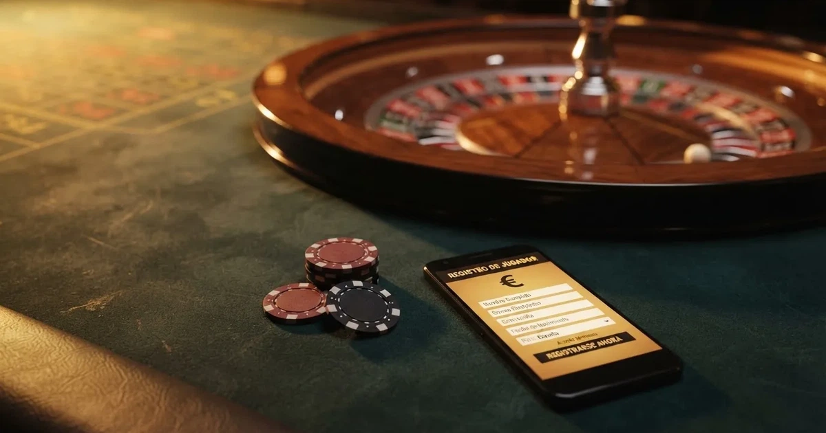 Mesa de ruleta con fichas y un teléfono mostrando la pantalla de registro de un casino online español