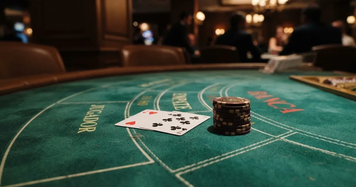 Mesa de bacará con cartas, fichas y zonas de apuesta sobre tapete verde en la interfaz de un casino online