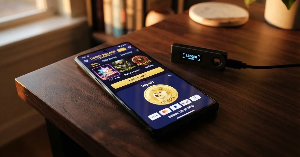 Un primer plano de un teléfono móvil mostrando una pantalla de casino online con la criptomoneda Dogecoin visible como opción de depósito, junto a una wallet digital en un segundo plano