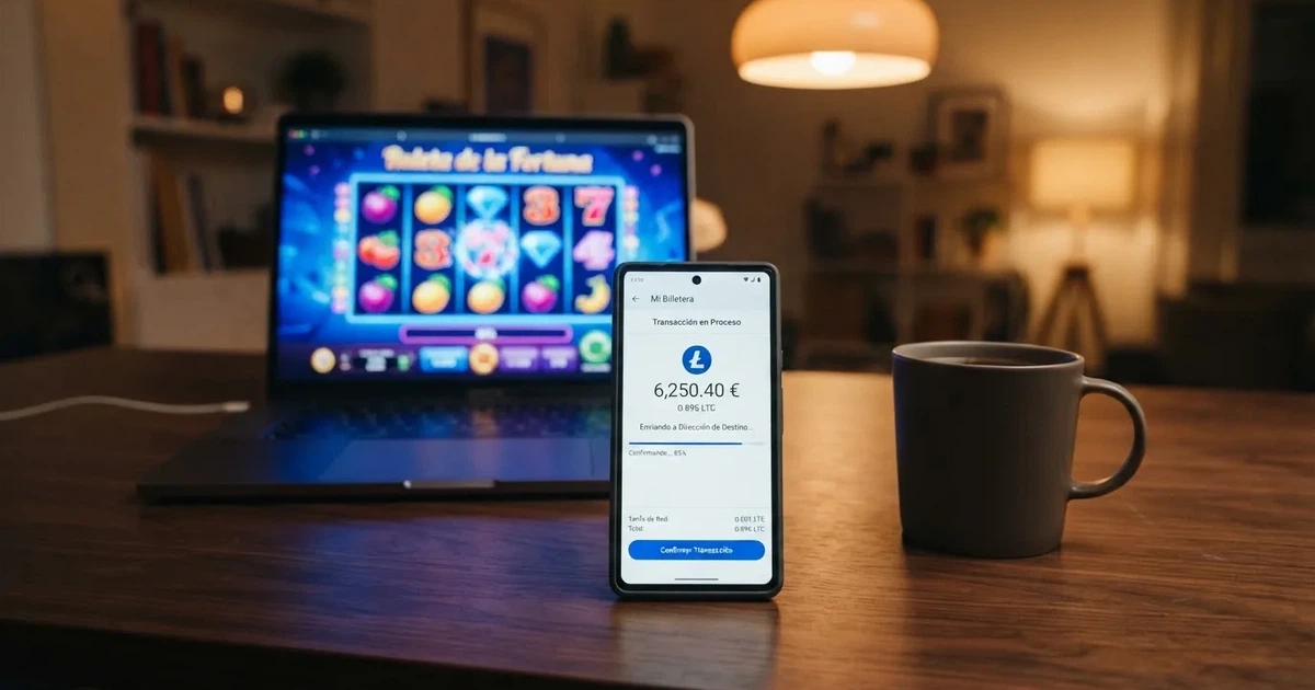Cartera digital de Litecoin mostrando una transacción hacia la interfaz de un casino online