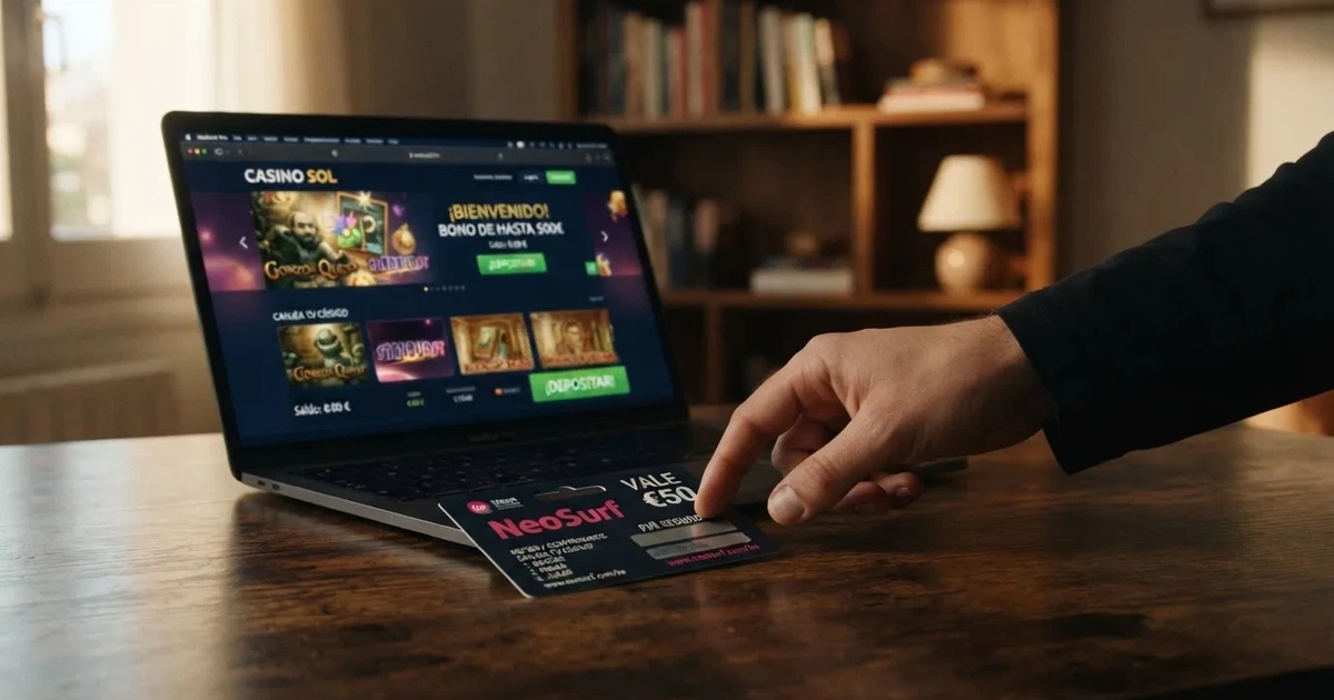 Un cupón Neosurf junto a la pantalla de un casino online español con licencia DGOJ, mostrando el código PIN listo para introducir