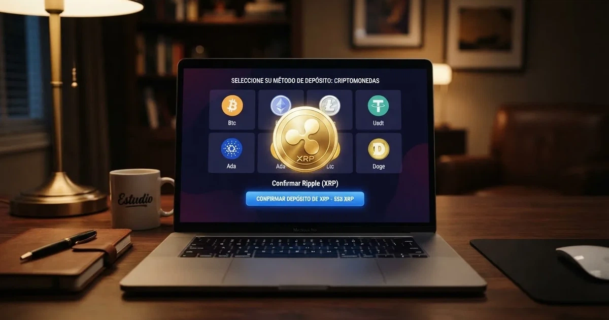 Pantalla de un casino online mostrando el logotipo de XRP y Ripple entre las opciones de depósito con criptomonedas