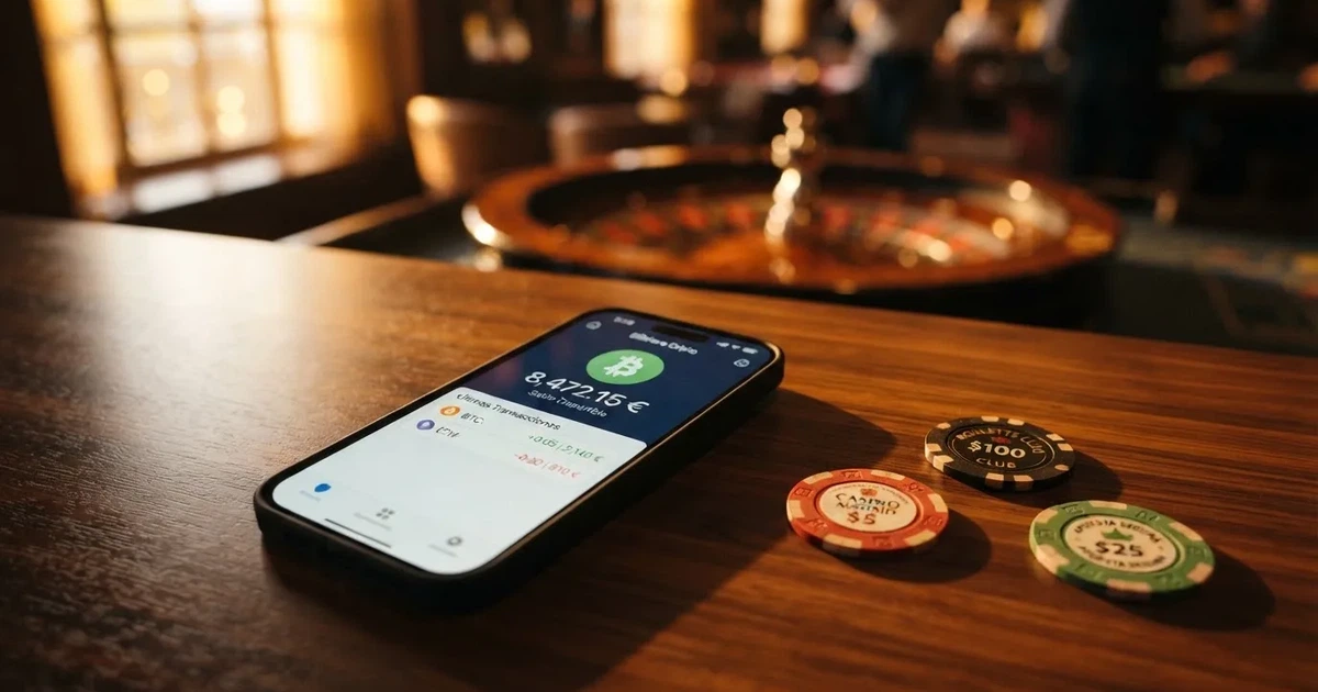 Cartera de criptomonedas abierta en un teléfono móvil mostrando el logo de Solana junto a fichas de casino y una ruleta al fondo