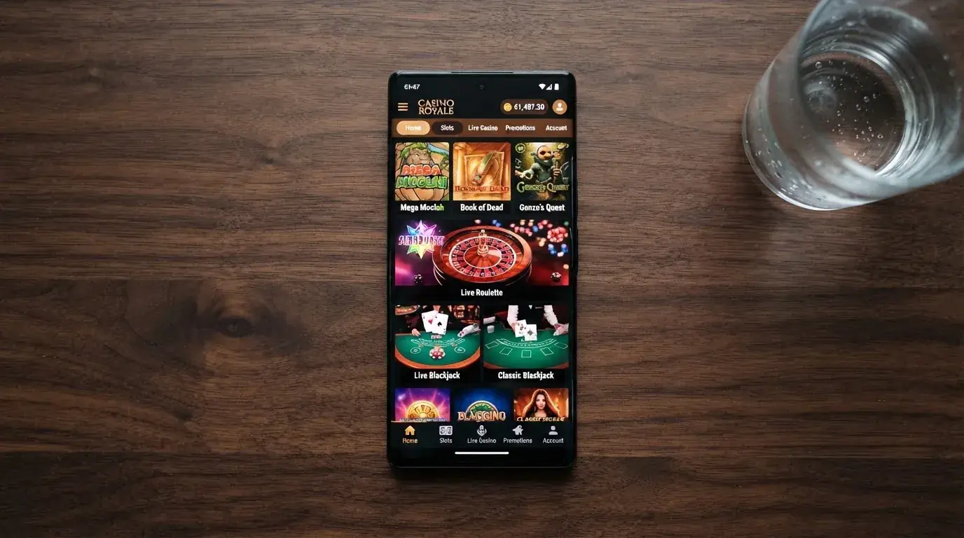 Pantalla de un móvil mostrando el lobby de juegos de Casino Barcelona online con miniaturas de slots, ruleta en vivo y blackjack