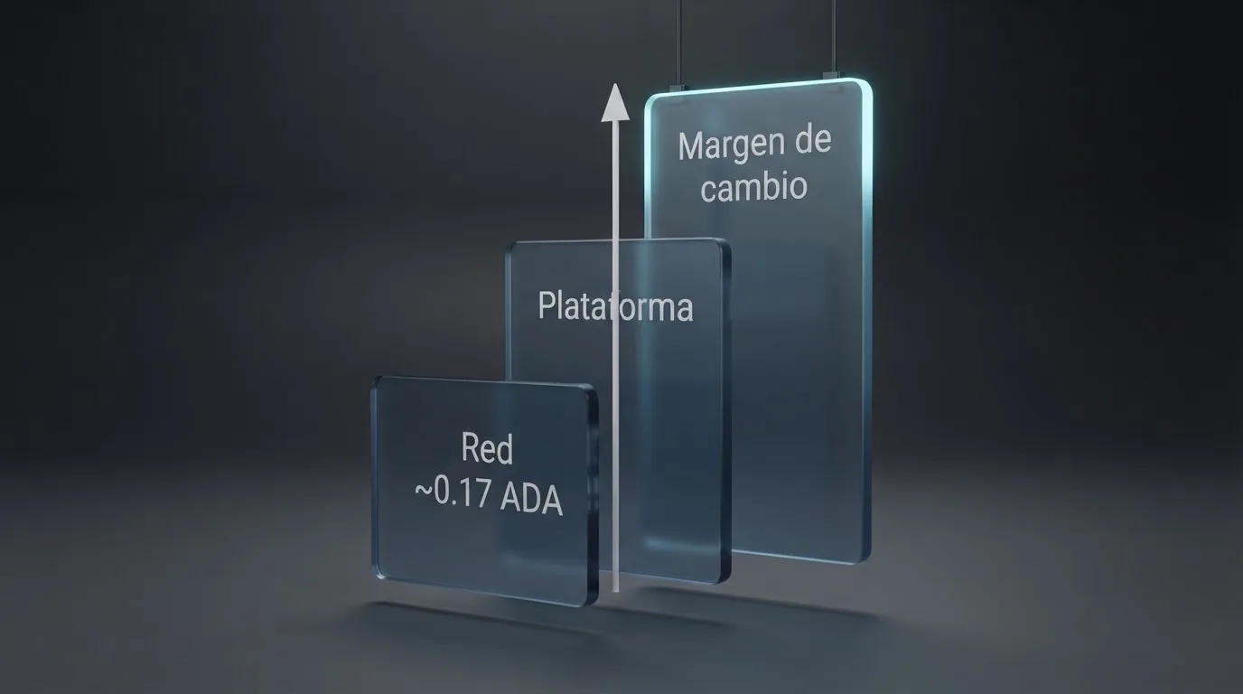 Gráfico simplificado de una transacción Cardano mostrando los tres niveles de coste: comisión de red, comisión de plataforma y margen de cambio