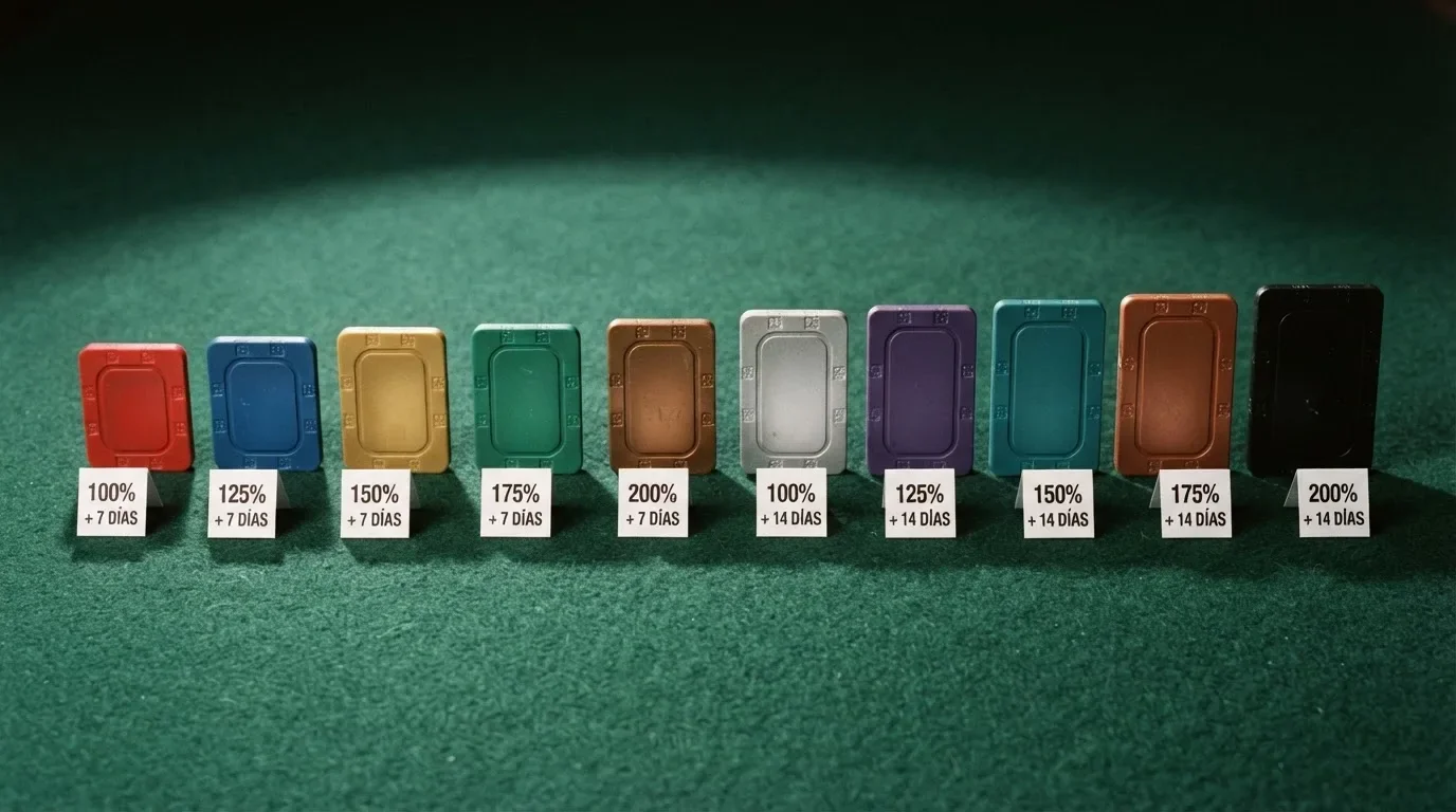 Una tabla comparativa visual con fichas de casino alineadas, cada una mostrando un icono de regalo, un porcentaje y un conteo de días