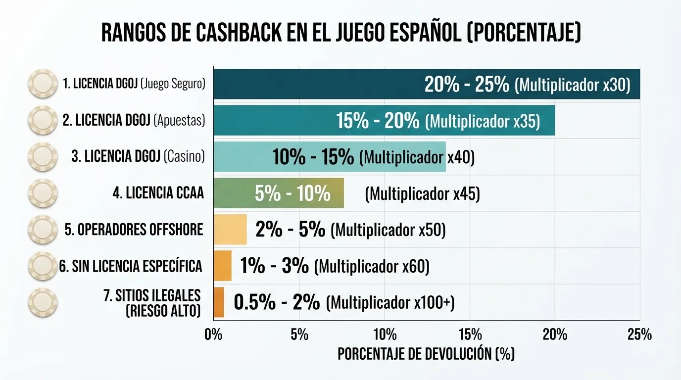 Tabla comparativa con los operadores destacados, sus porcentajes de reembolso, requisitos de apuesta y licencias DGOJ