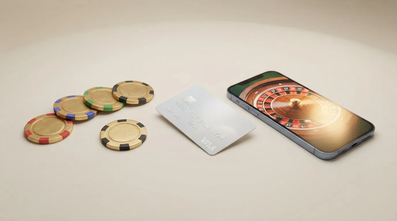 Una tabla comparativa visual con fichas de casino, tarjetas bancarias y un móvil con la app CaixaBankNow, representando los criterios de evaluación: licencia, bono, retirada y juegos