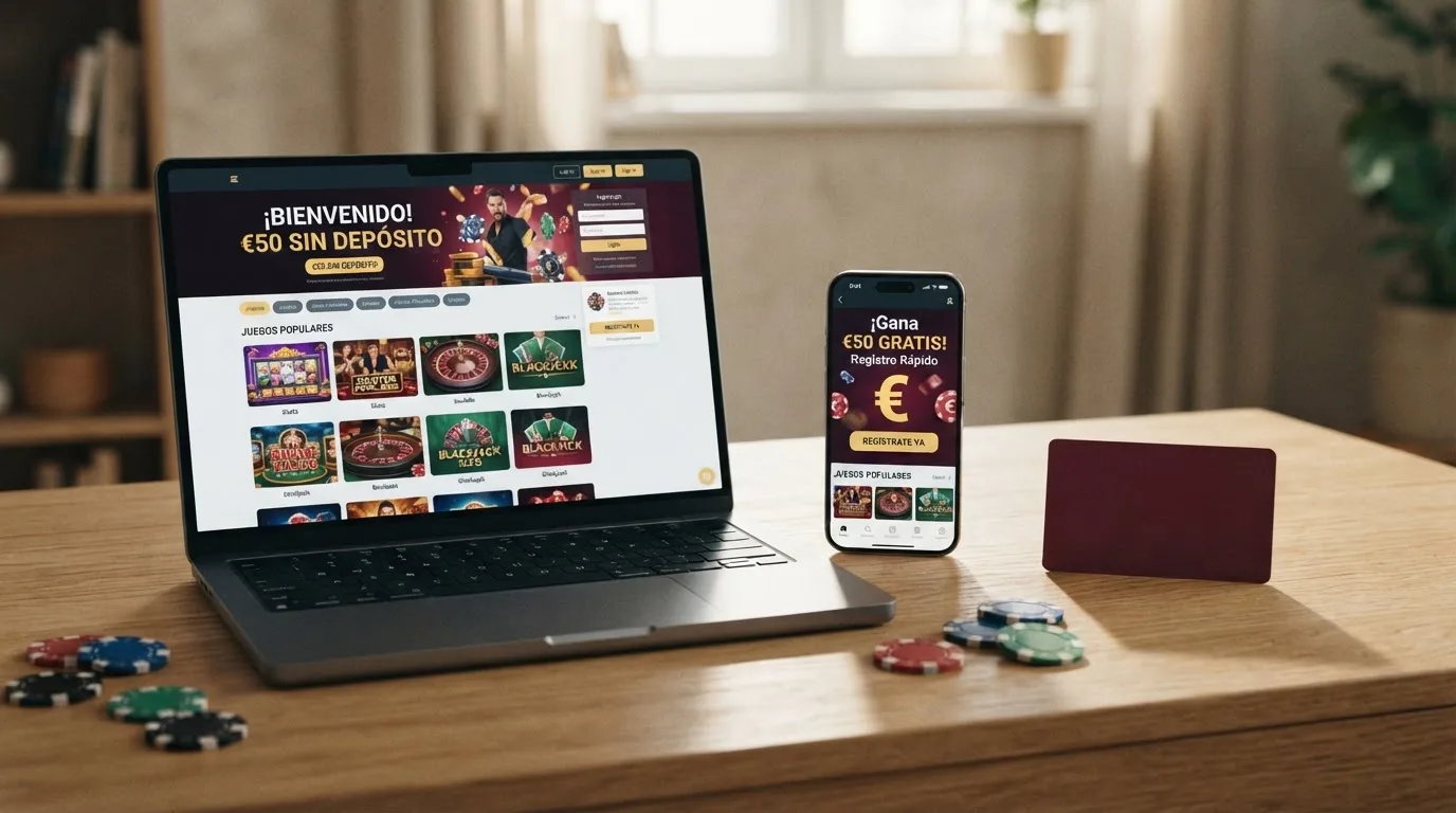 Varias pantallas de móvil y ordenador mostrando las interfaces de los operadores con licencia DGOJ, con fichas de casino y tarjetas de verificación dispuestas alrededor.