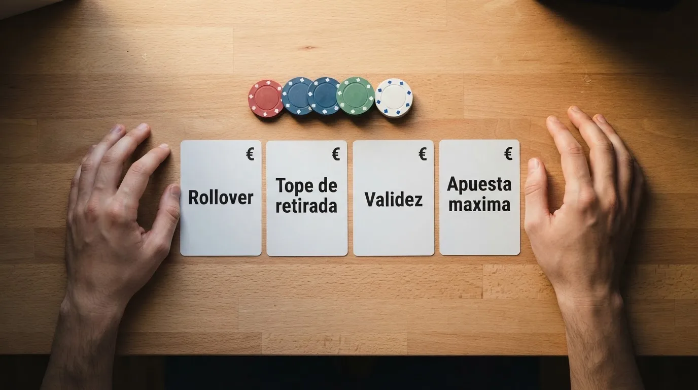 Diseño editorial con una tabla comparativa que enfrenta los logotipos de diez casinos españoles y resume sus condiciones de bono en columnas