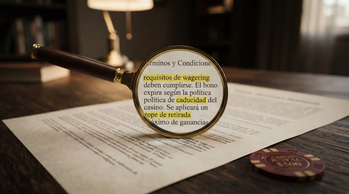Primer plano de una lupa sobre la letra pequeña de un contrato de bono de casino, con los términos wagering, caducidad y tope de retirada subrayados en amarillo