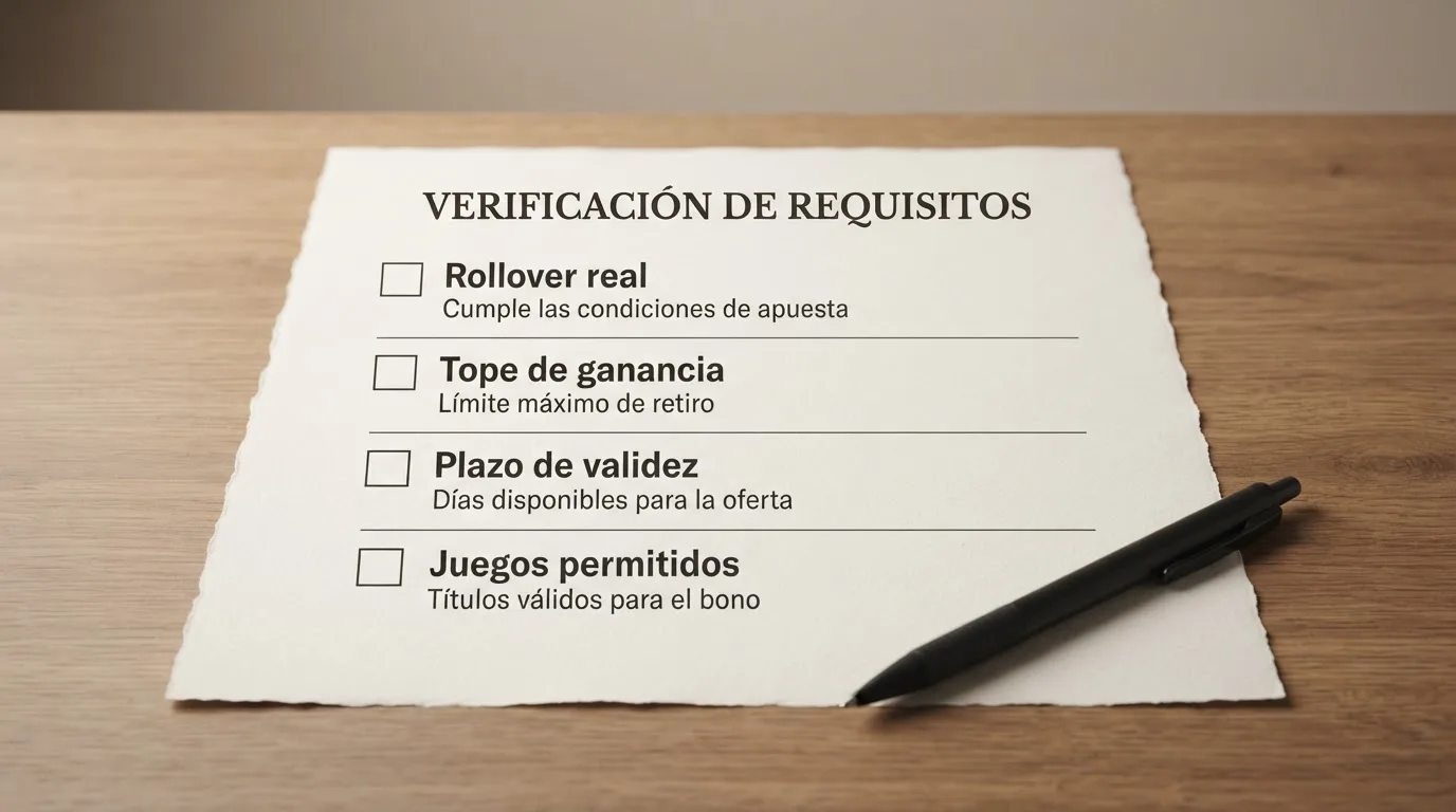Una tabla o checklist visual con los cuatro elementos que un jugador debe comprobar antes de aceptar una oferta: rollover real, tope de ganancia, plazo de validez y juegos permitidos