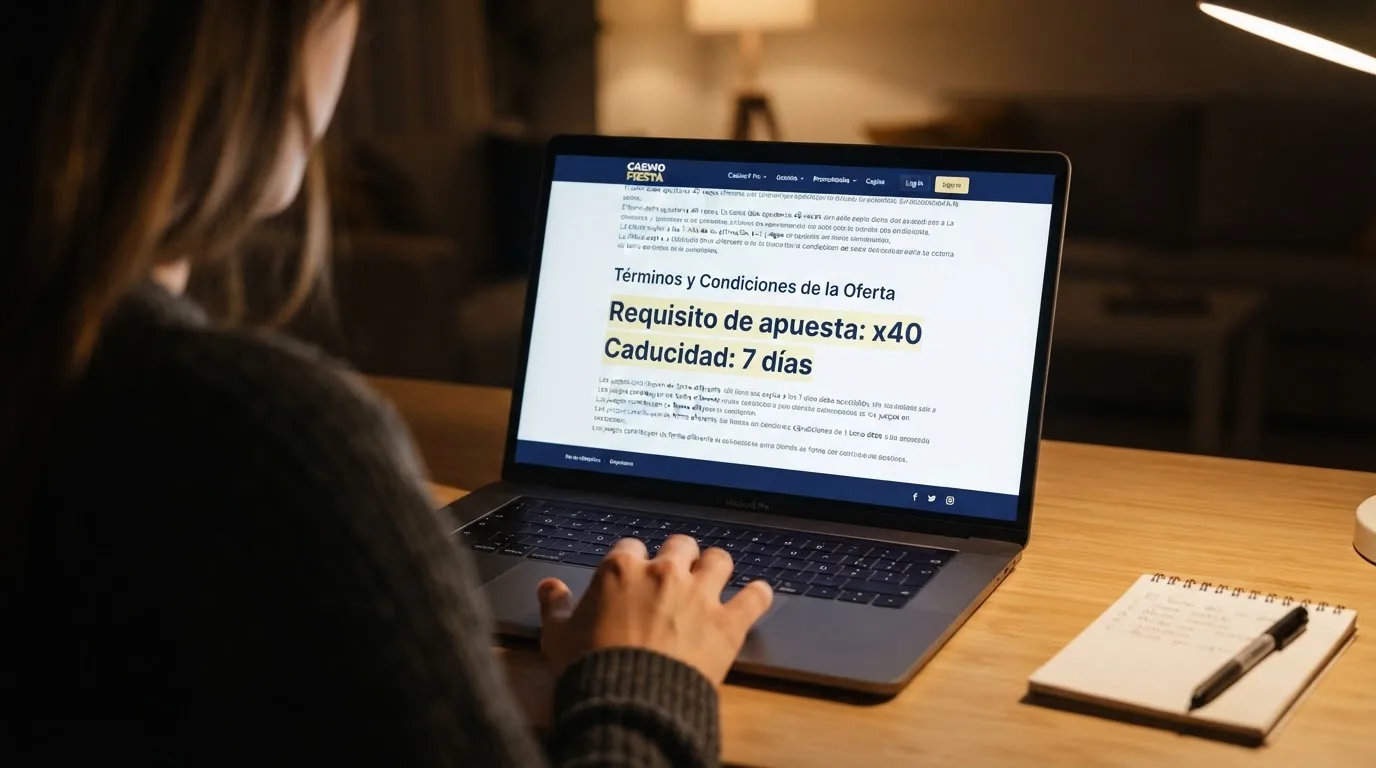 Primer plano de los términos y condiciones de una promoción de tiradas gratis con el requisito de apuesta resaltado