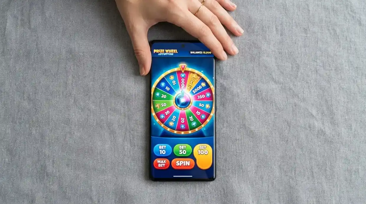 Un teléfono móvil mostrando la interfaz de Crazy Time en vertical con la rueda y los botones de apuesta adaptados a pantalla táctil