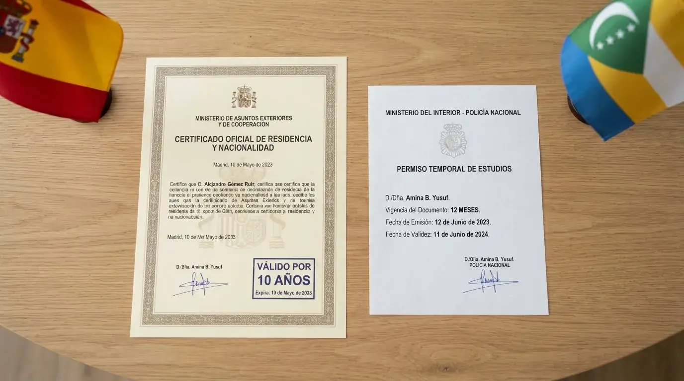 Dos documentos oficiales side by side: un título habilitante de la DGOJ con el escudo del Ministerio y una licencia de la AOFA con el sello de Anjouan, sobre una mesa con la bandera de España y la de la Unión de las Comoras de fondo