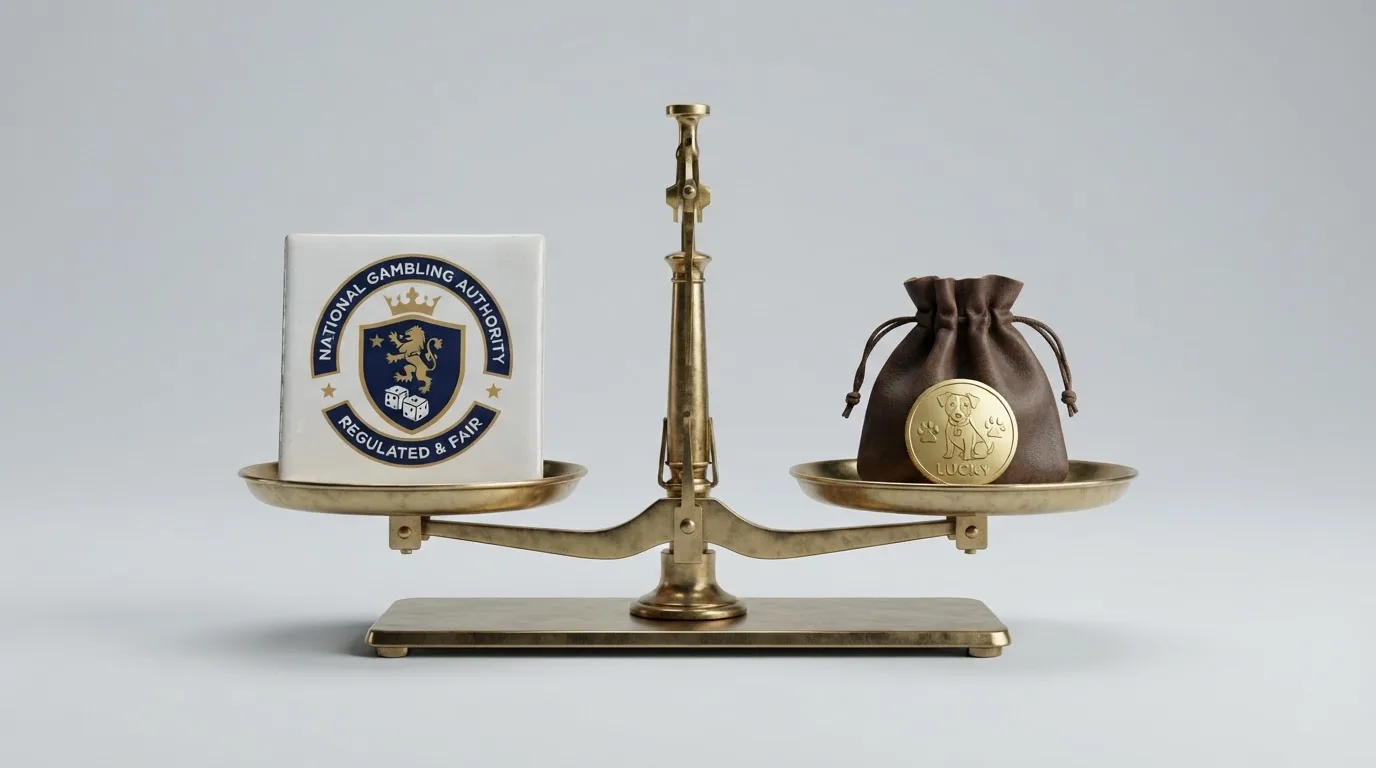Una balanza conceptual con el logotipo de la DGOJ en un plato y una cartera de Dogecoin en el otro, sobre un fondo limpio que evoca regulación