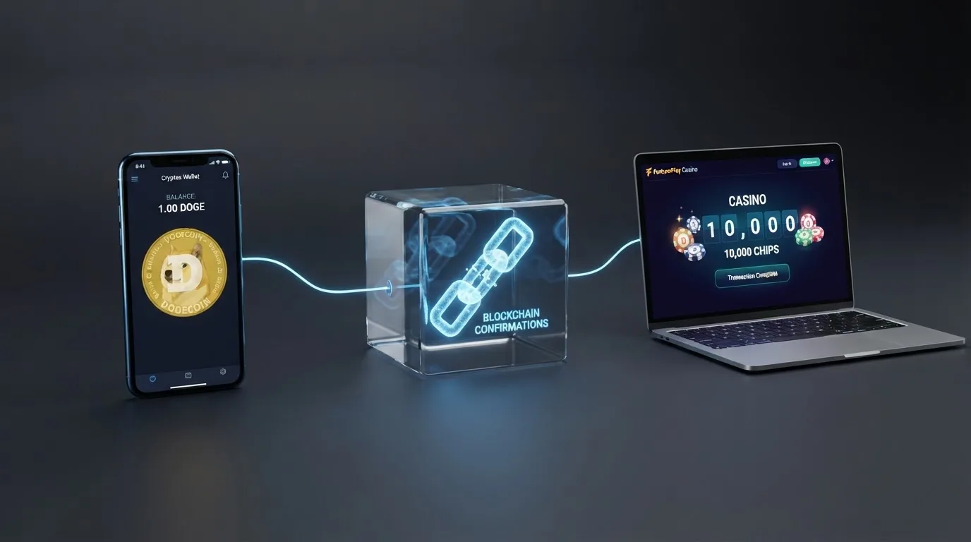 Una representación esquemática del recorrido de una transacción Dogecoin: wallet del jugador, red blockchain confirmando bloques, y saldo en el casino en el destino