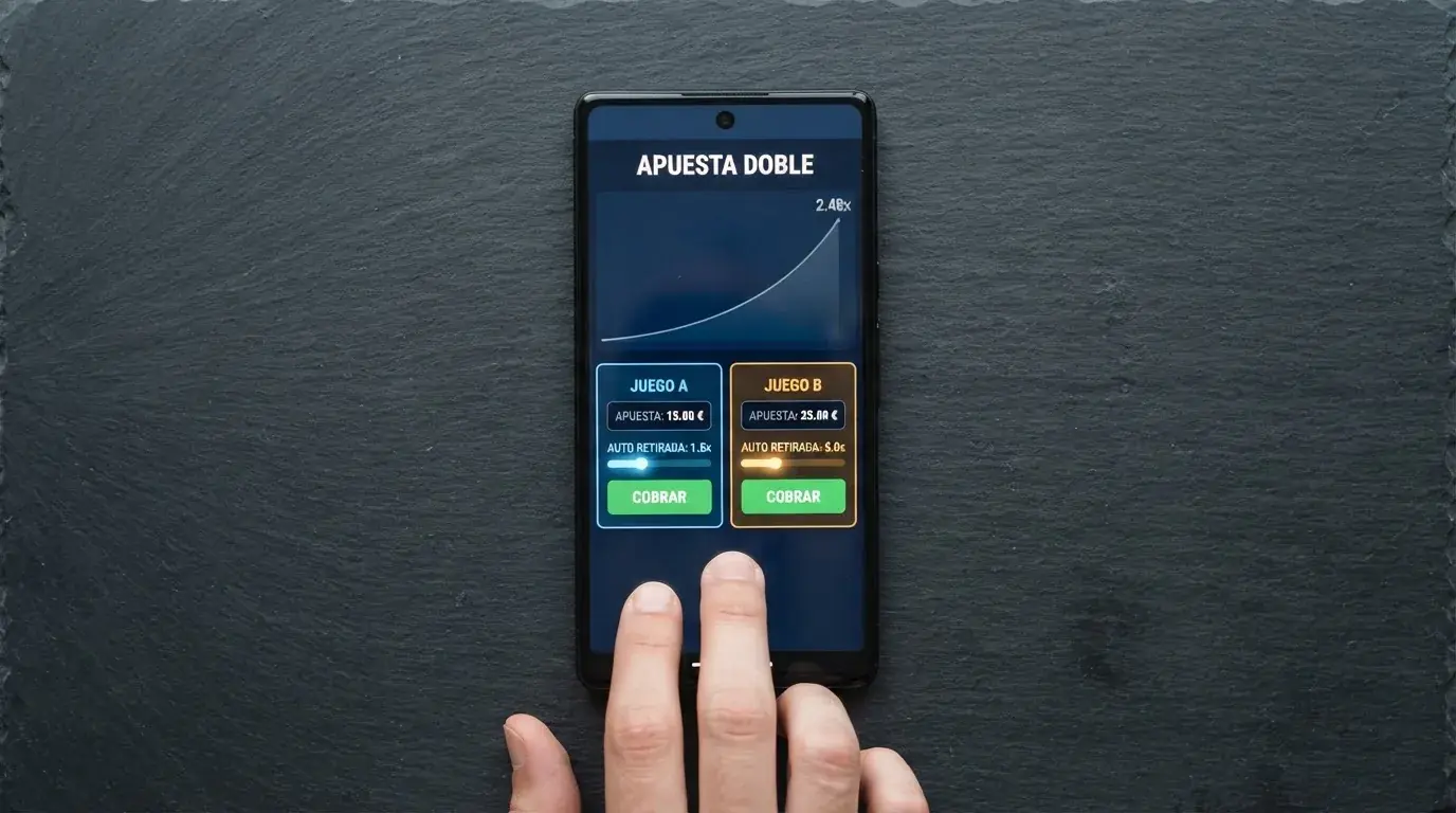 Panel de control de Aviator con dos apuestas activas simultáneas y los valores de auto-cashout configurados a 1,5x y 5x