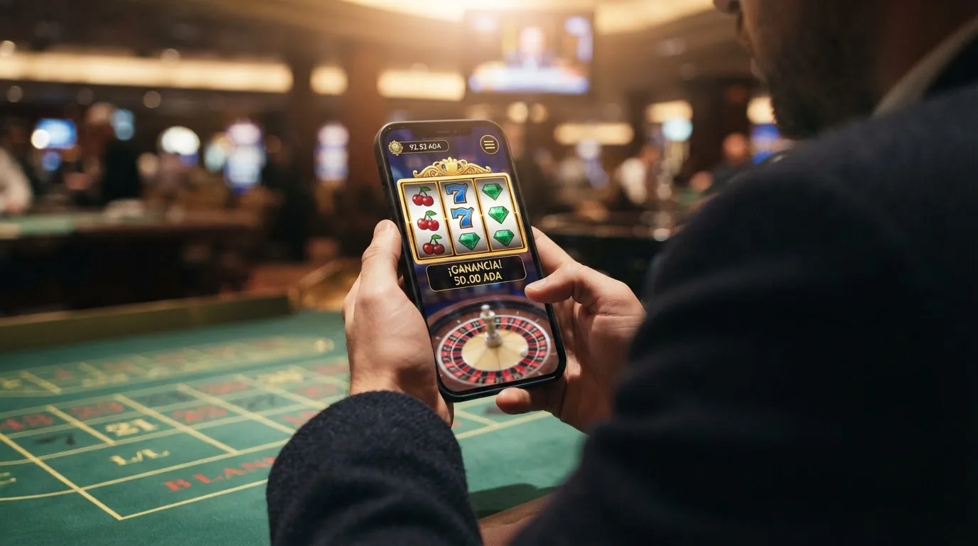 Interfaz de tragamonedas online con el saldo en ADA visible en la esquina superior y una ruleta en vivo en segundo plano