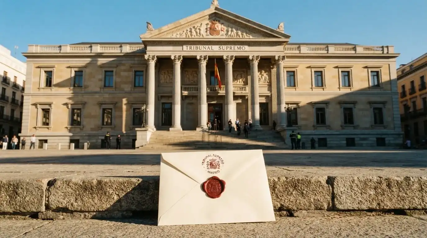 Fachada del edificio del Tribunal Supremo en Madrid junto a un sobre sellado con el escudo oficial del BOE