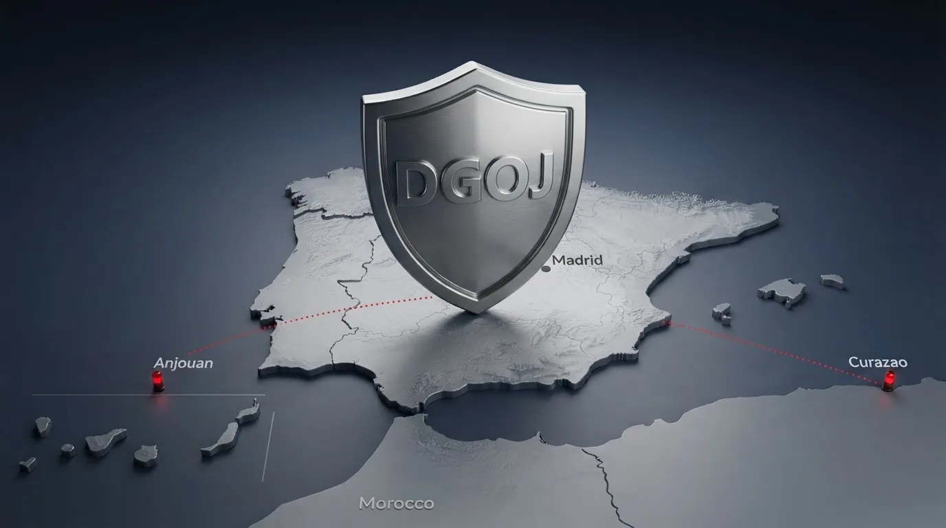 Sello oficial de la Dirección General de Ordenación del Juego junto a un mapa de jurisdicciones de licencia