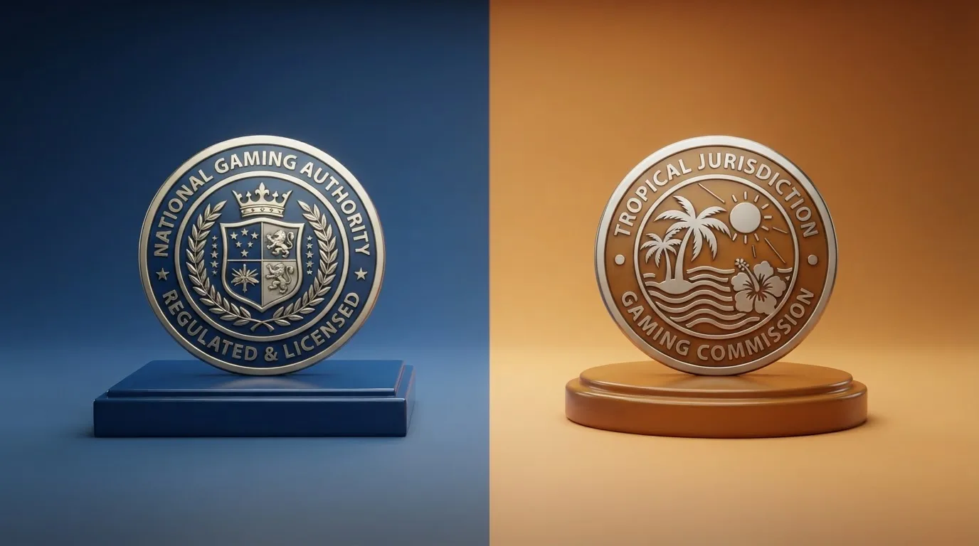Pantalla dividida conceptualmente: a la izquierda el sello de la DGOJ sobre fondo azul institucional, a la derecha el sello de la Curaçao Gaming Authority sobre fondo distinto
