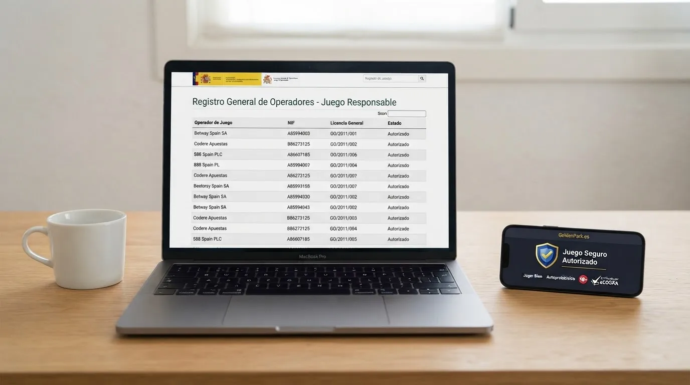 La página del registro oficial de la DGOJ abierta en un navegador junto al pie de página de un casino online donde se muestra el sello de licencia