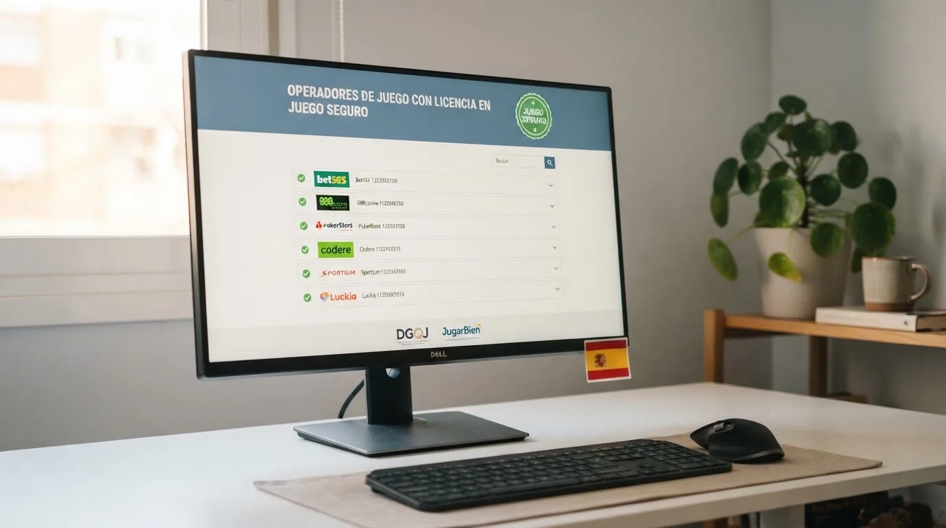 Pantalla de ordenador mostrando el registro oficial de operadores de la DGOJ con el dominio ordenacionjuego.es visible, junto al sello de juego seguro del Ministerio de Consumo