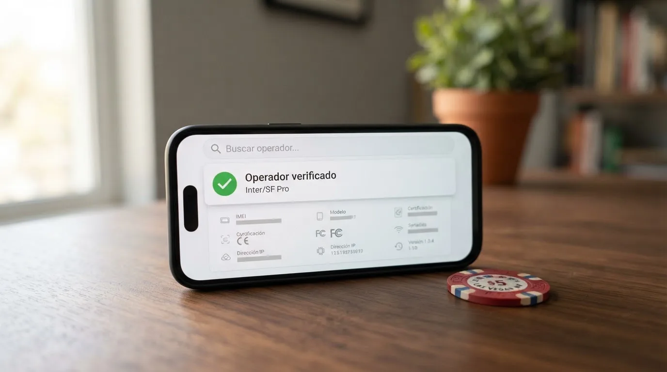 Primer plano del sello de la Dirección General de Ordenación del Juego sobre la pantalla de un móvil, con la URL de la web de verificación de operadores legales