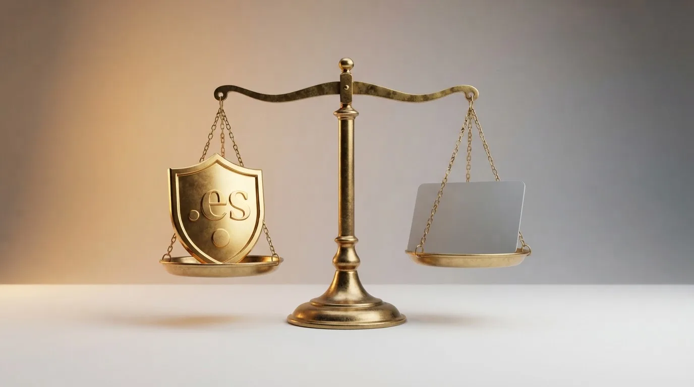 Una balanza que contrapone un dominio .es con el sello de la DGOJ frente a un dominio sin identificar, sin escudo oficial